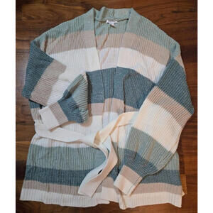 Nine West Mint/Tan/Cream Striped Knit Cardigan Belted with Sash ~ EUC ~ Size L